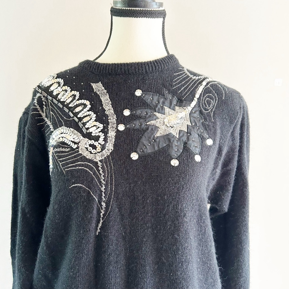 Vintage 80’s Cross Roads Black & Silver Embellished Sweater Size M Sequins - Picture 3 of 11